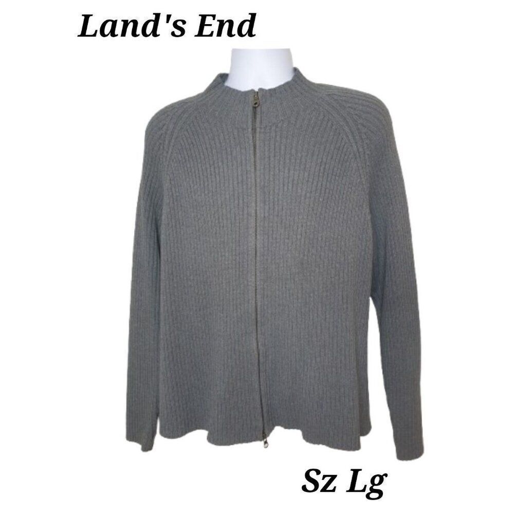 Lands End Men's Sweater Gray Ribbed Full-Zip Mock Neck Long Sleeve Lg